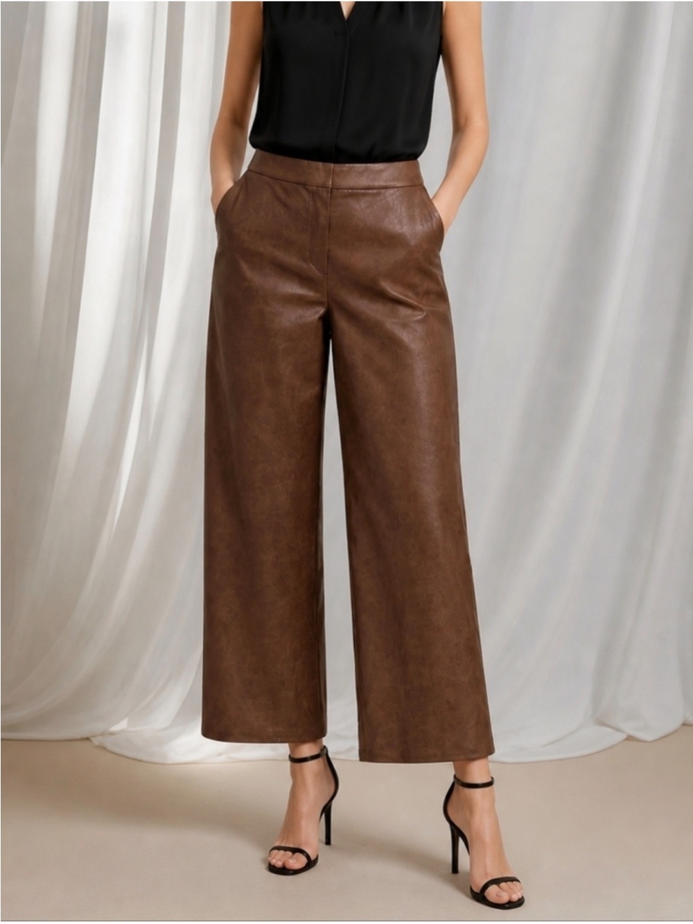Wide-Leg Faux Large Cropped Wide Leg Leather Pants in Chocolate Brown